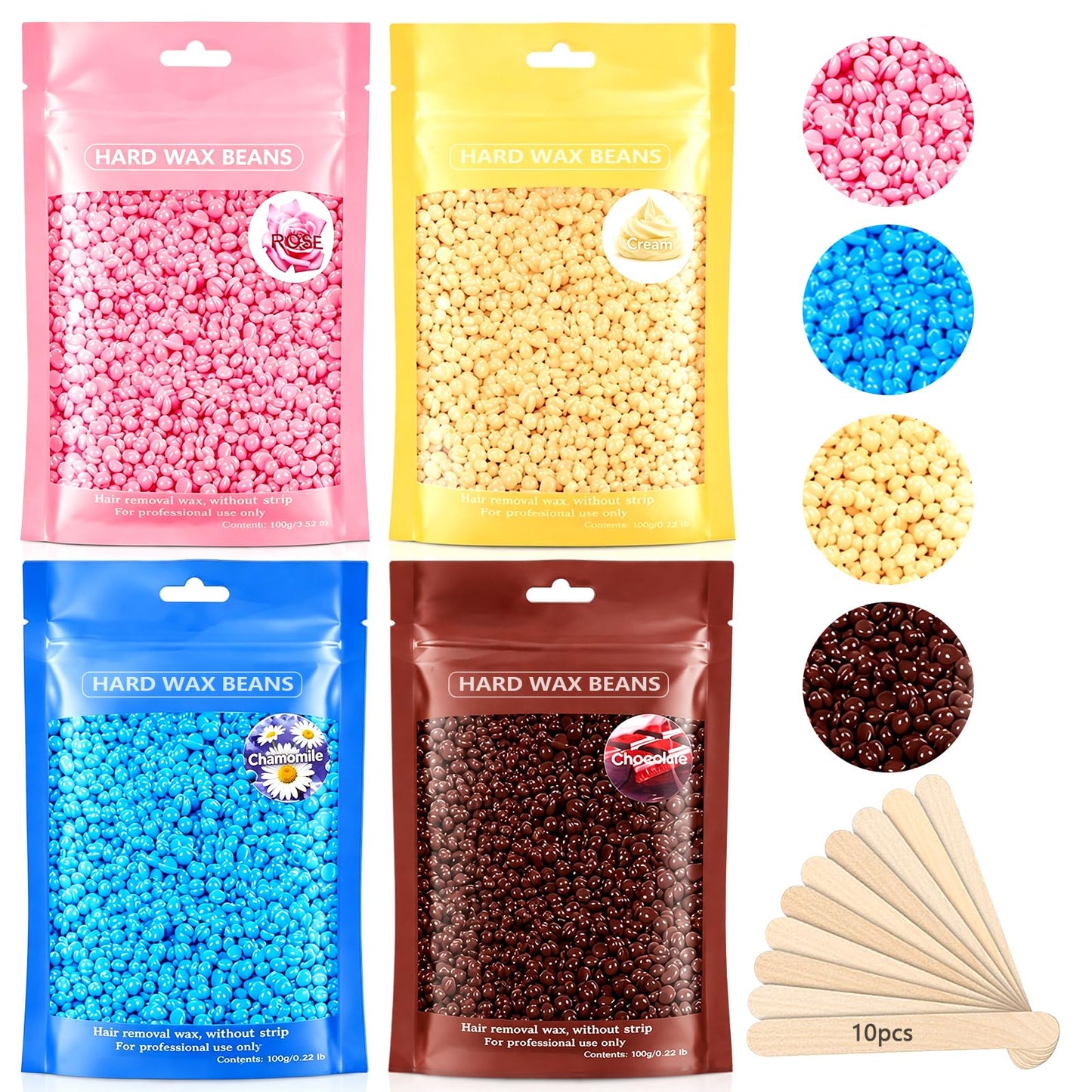 Hard Wax Beads, Professional Wax Beads for Hair Removal 400g Hair Wax with 10 Pcs Wood Sticks for Full Body Brazilian Bikini Face Legs Eyebrow Painless at Home for Women and Men