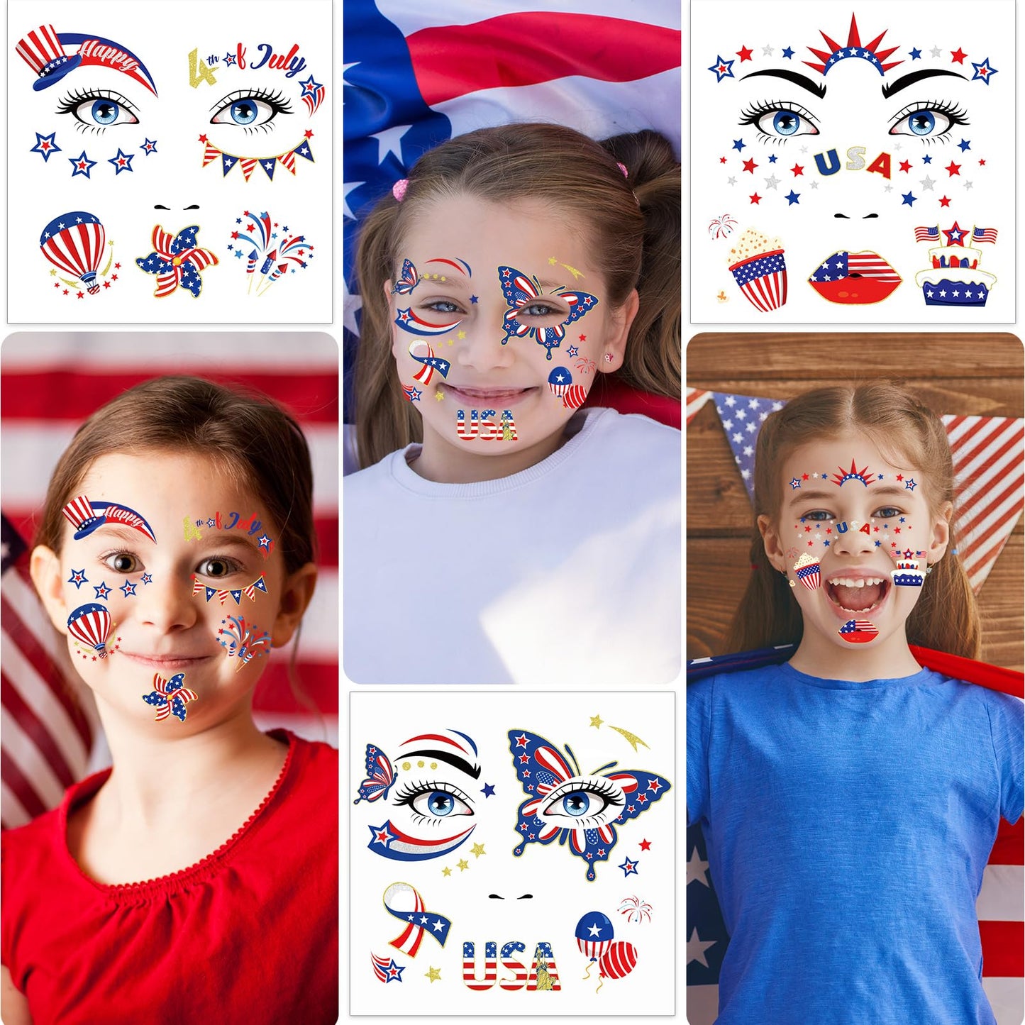 HOWAF 9 Sheets USA Glitter Face Tattoos, 4th of July Face Art Temporary Tattoo for USA Patriotic Parades Celebrations, Red White Blue Face Tattoos Stickers for Independence Day Supplies