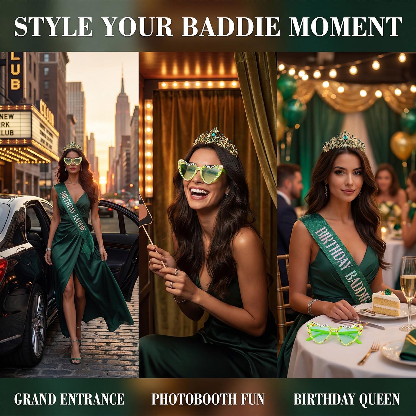 PcwBcn Birthday Baddie Glasses, Green Birthday Queen Sash Tiara Crown for Women Girls, 3 Pcs Elegant Princess Headband Hair Accessories Happy Birth Party Decorations 21st-90th Mom Birth Gifts