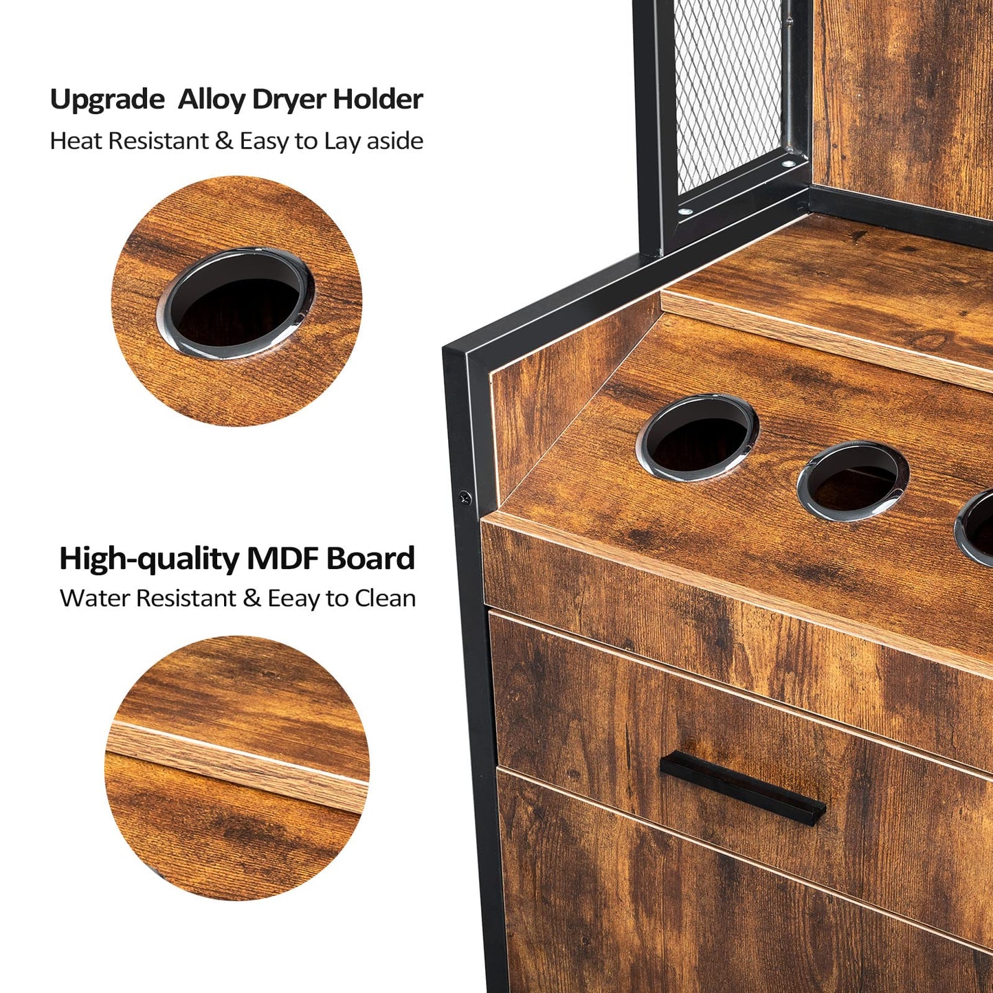 OmySalon Salon Station, Barber Stations with 3-Tier Storage Shelf, Hair Styling Cabinet with 1 Drawer, 1 Storage Cabinet, 3 Hot Tool Holders, Beauty Spa Equipment, Rustic Brown