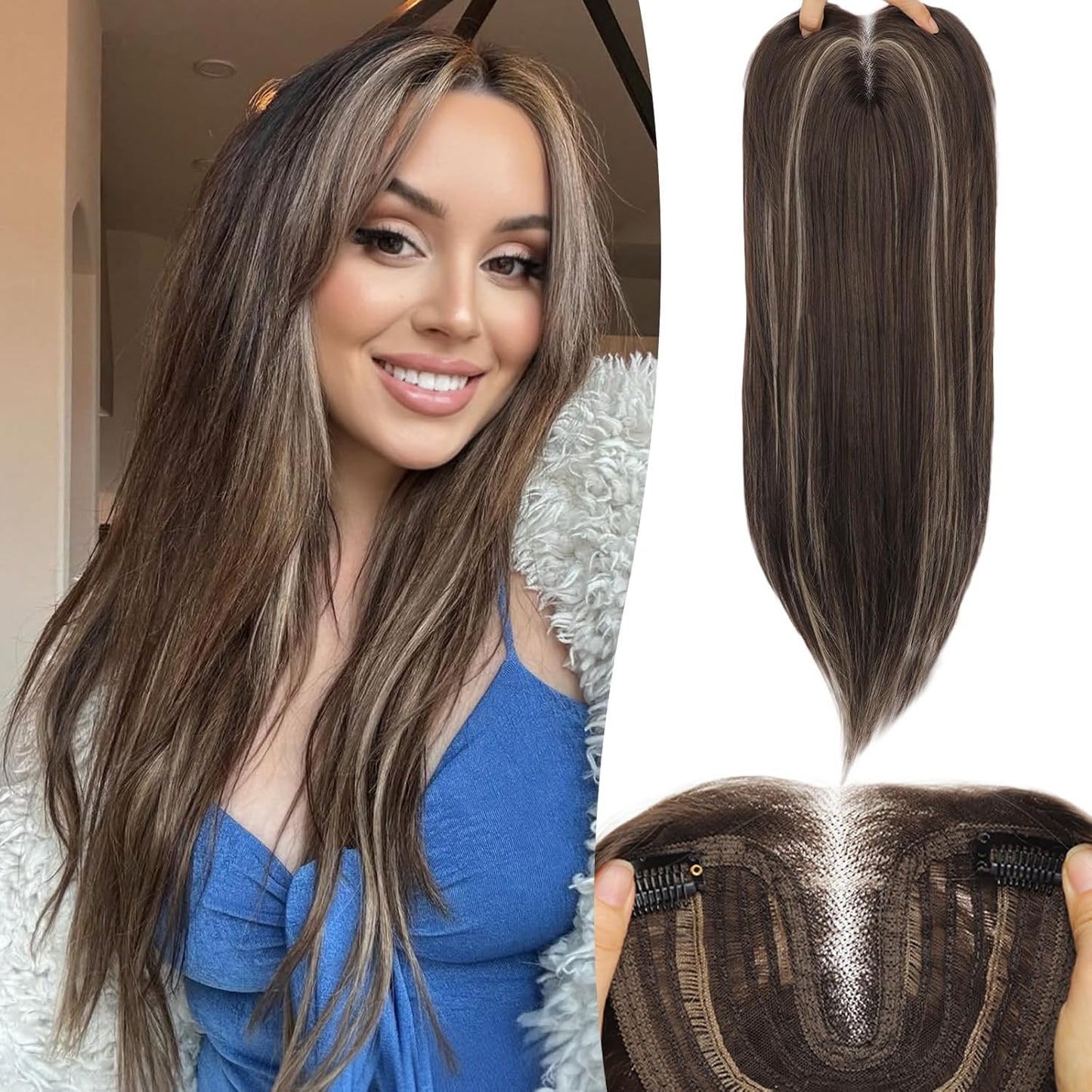 Ash Blonde Synthetic Hair Toppers with Platinum Highlights - 18" Long, 5x6" Base for Thinning Hair, Clip-In Wispy Bangs