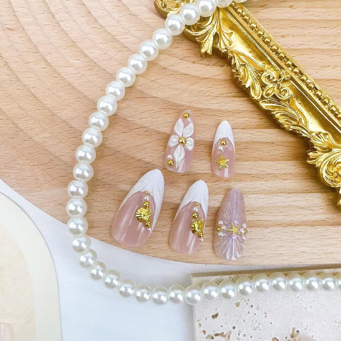 French Tip Press-On Nails - 24pcs Medium Almond with 3D Floral Gold Pearl Shell Designs | Summer Glitter Acrylic Full Cover