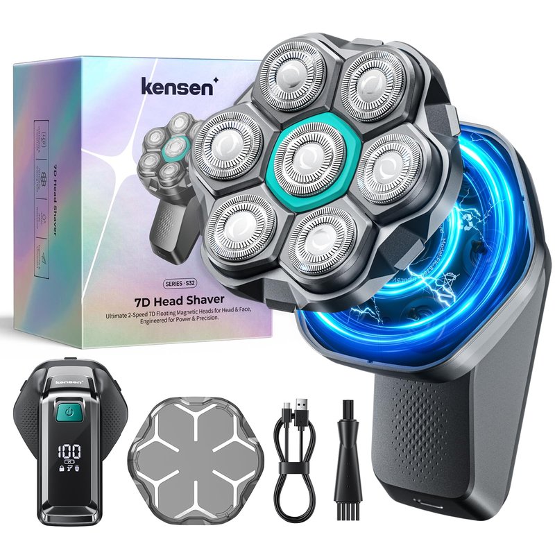 7D Head Shavers for Bald Men - kensen Upgrade 7D Head Shavers, Ergonomic Comfort-Grip Handle with 2 Speed Settings Long Battery Life Bald Razor IPX6 Waterproof Wet/Dry Shaving LED Display