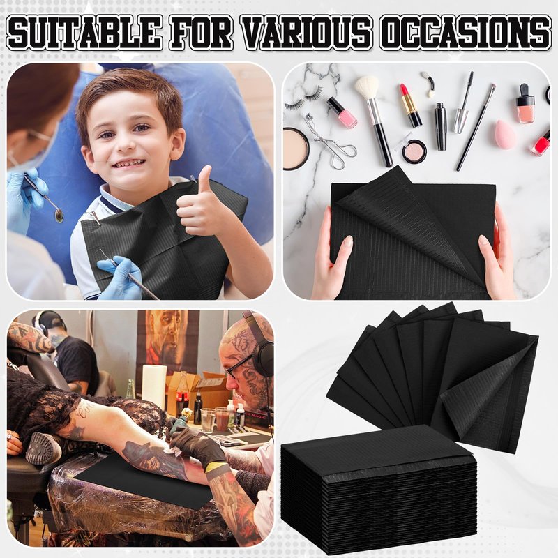Chivertion 100 Pcs Disposable Salon Tray Cover 13 x 18 Inch Dental Bibs Tattoo Table Covers 3 Ply Waterproof for Nail Salon, Dental Clinic, Feeding, Tattoo Shop(Black)