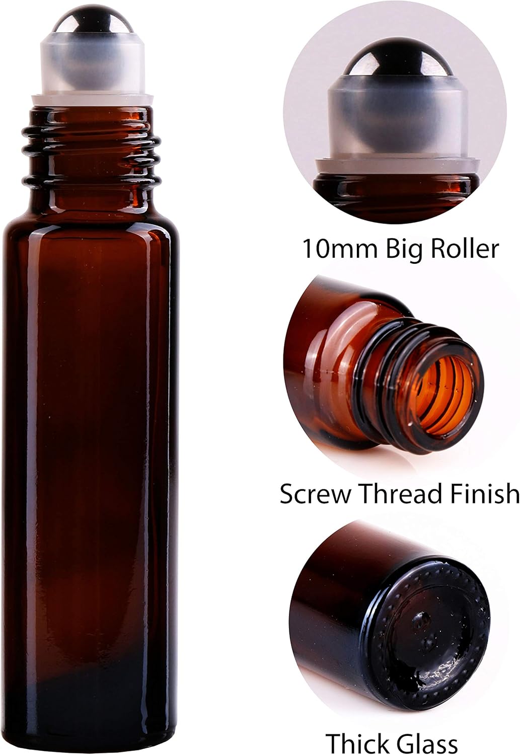 Amber Glass Roller Bottles for Essential Oils - 10ml with Stainless Steel Roller Balls & Aluminum Cap