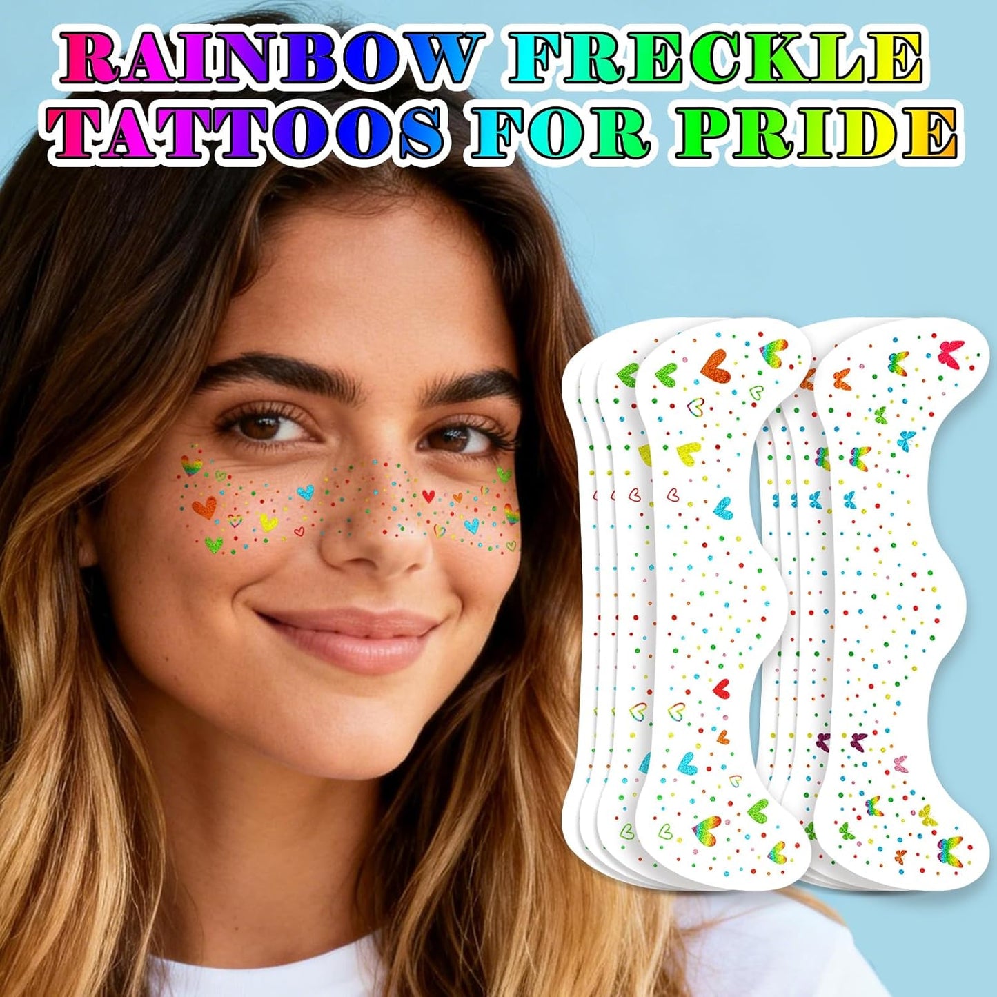 Rainbow Face Glitter Freckles - Waterproof LGBT Pride Makeup Accessories | 8 PCS Butterfly & Heart Temporary Tattoos