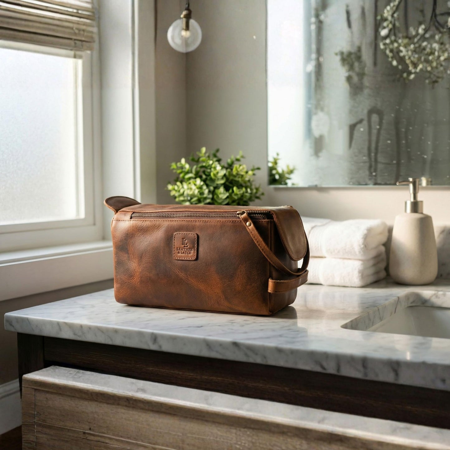 Full Grain Leather Toiletry Kit for Men & Women – Travel Toiletries & Shaving Bag Organizer, Water-Resistant Grooming Case for Bathroom, Makeup & Cosmetic Storage - Rustic Brown