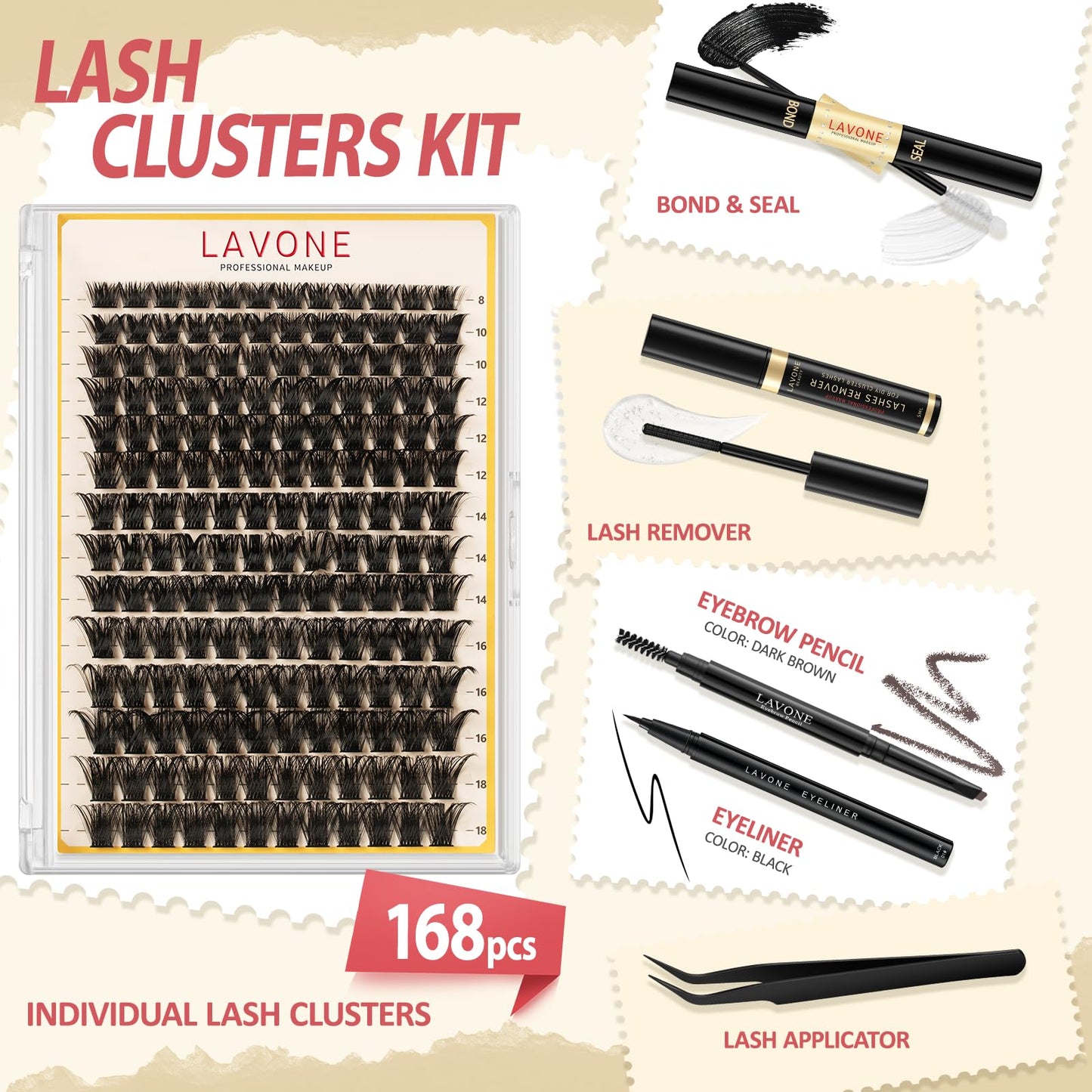LAVONE Lash Clusters Kit, 168Pcs Waterproof D Curl 8-18mm Individua Lashes