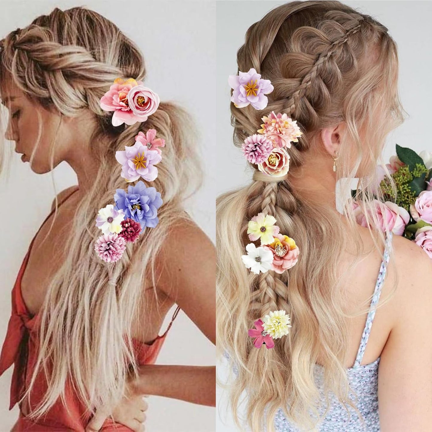 Flower Hair Clips - 21 Pcs Boho Floral Barrettes for Women | Pink & Purple Bridal Accessories