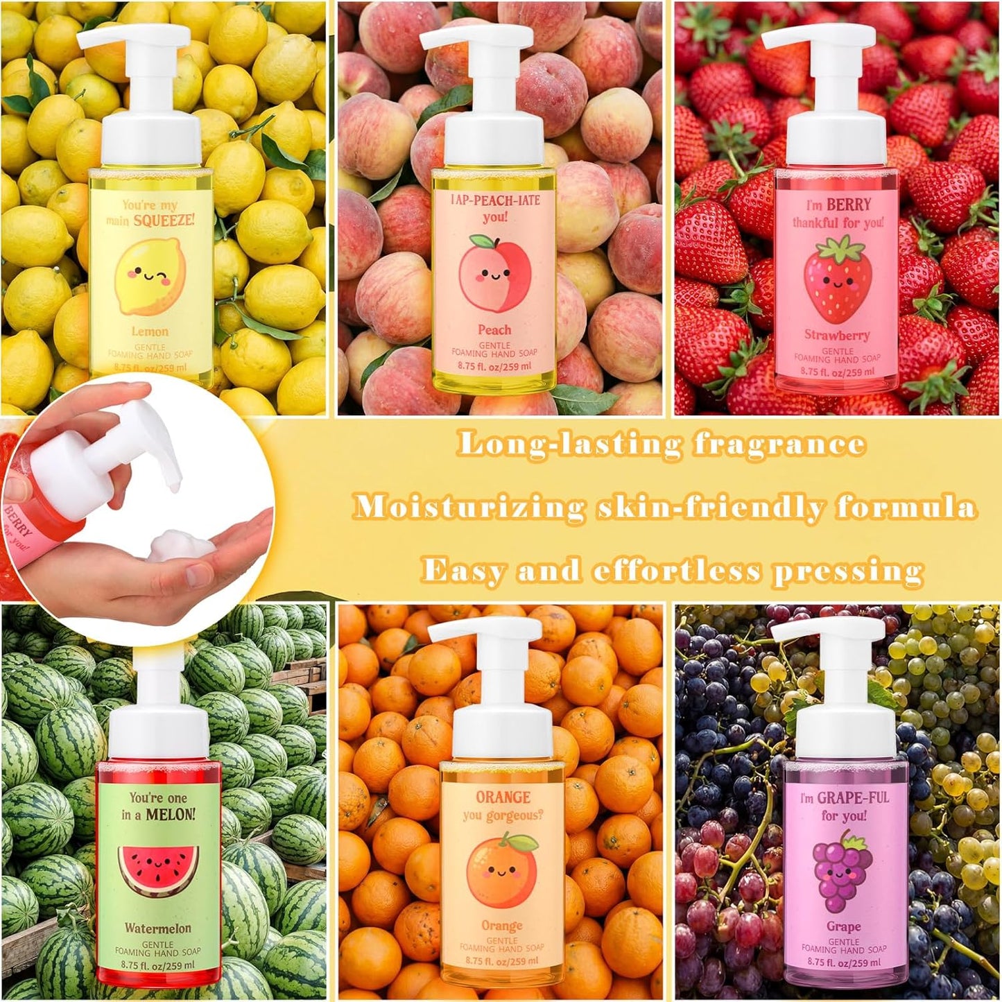 Funny Fruit Foaming Hand Soap - Moisturizing Liquid Foam | 6 Pack, 8.75 Fl Oz - Perfect Gift for Teachers & Nurses