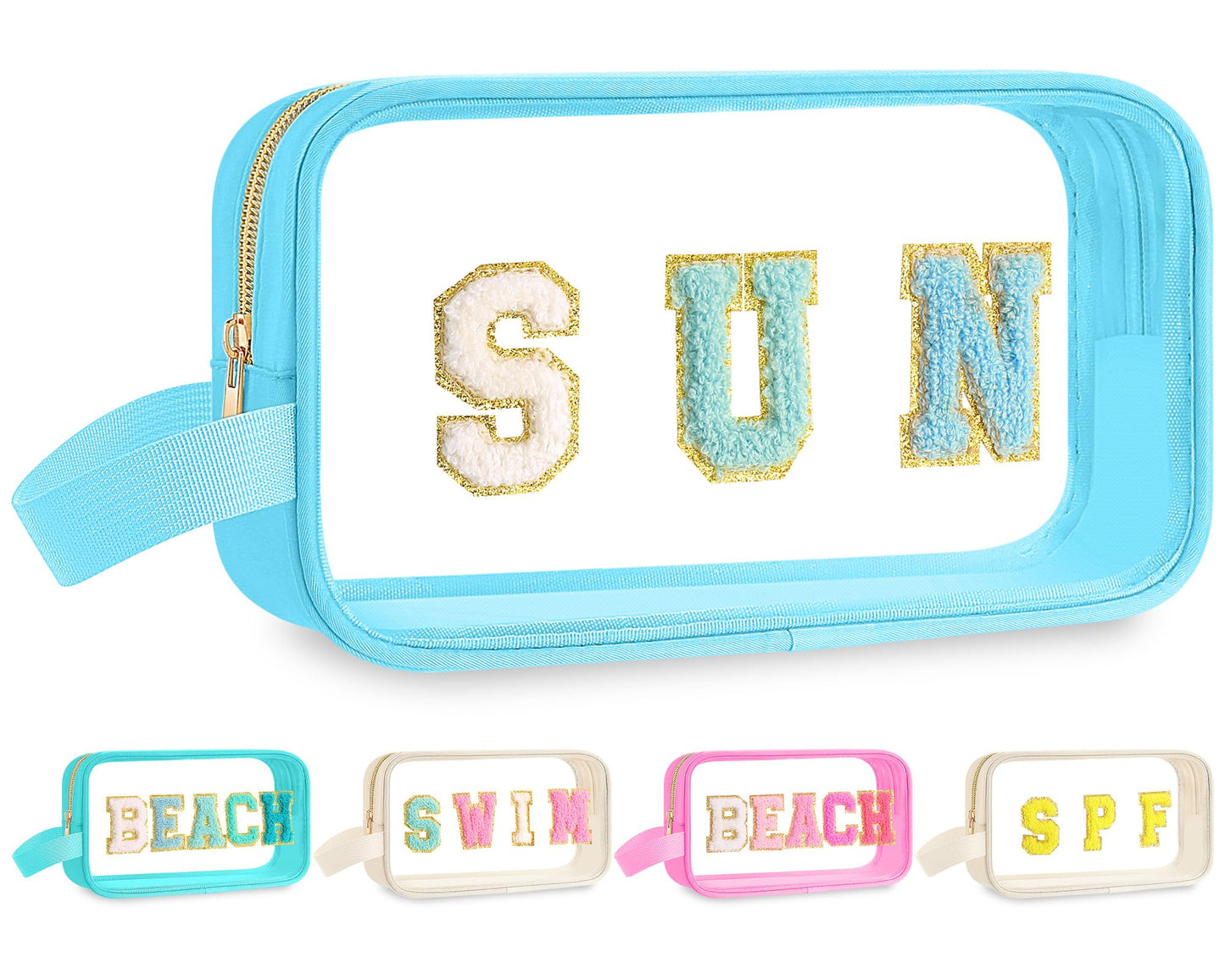 Kacctyen Letter Clear Makeup Bags Sun Pouch Blue Preppy Patch Clear Travel Bag with Zipper Chenille Nylon Cosmetics Waterproof Sandproof Bags Toiletry Storage Snack Sunscreen Pouch for Women