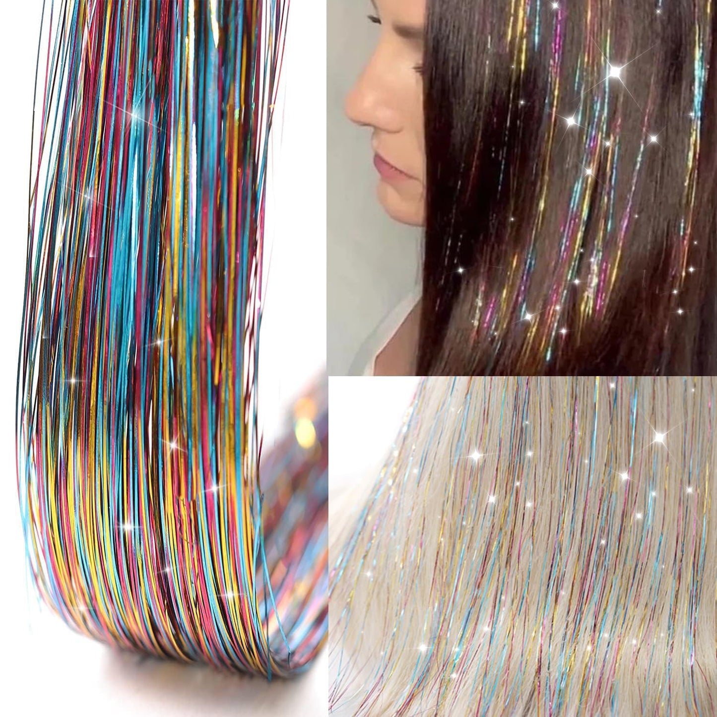 Hair Tinsel 12Pcs Clip in Rainbow Hair Accessories 20.5 Inch Fairy Hair Tinsel Kit for Women Girls Glitter Extensions for Christmas Halloween New Year Party (Rainbow)