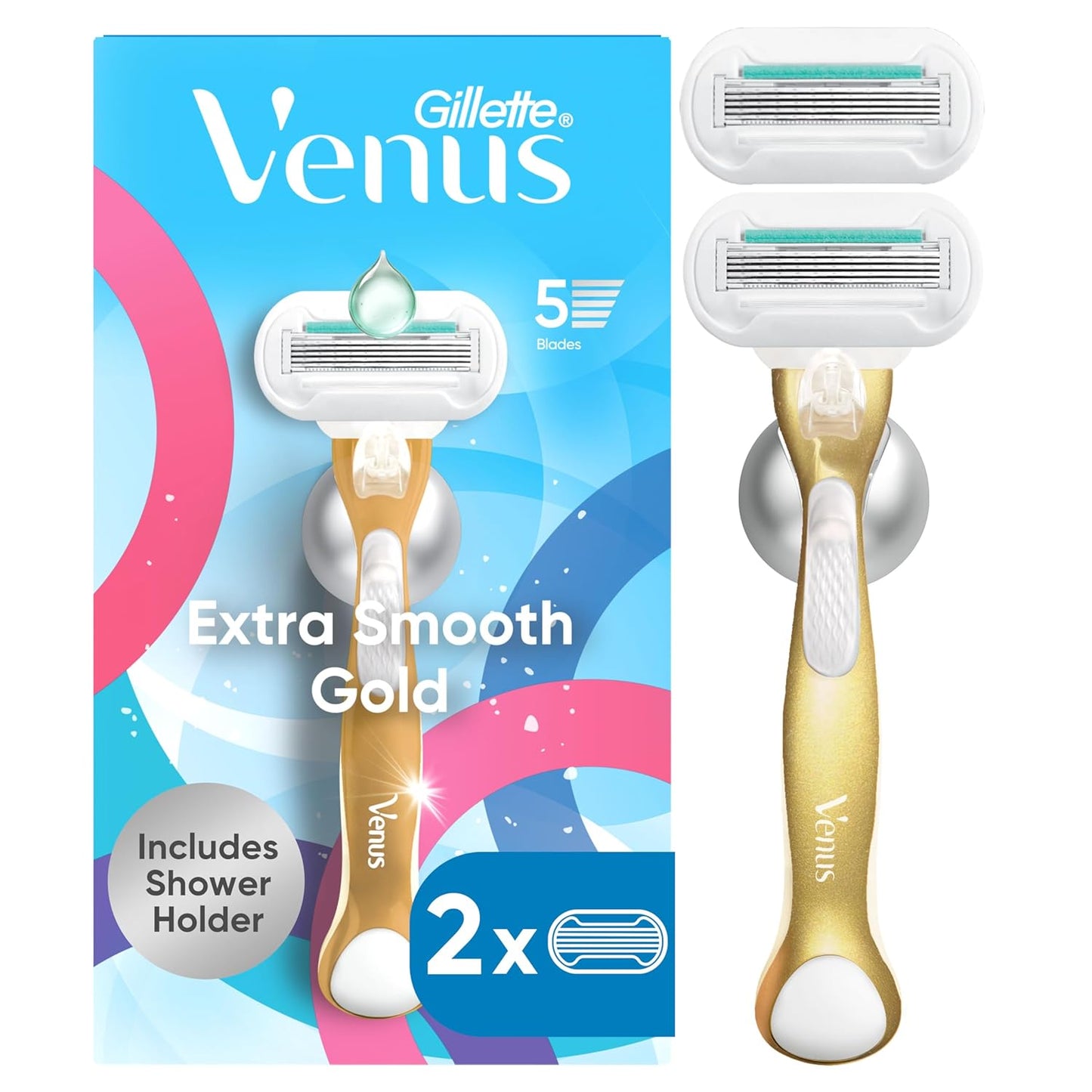 Gillette Venus Extra Smooth Sensitive Razor - Reusable Handle & 2 Refills for Sensitive Skin | Includes Shower Holder
