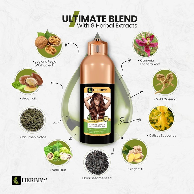 HERBBY Hair Color Shampoo - Gray Hair Coverage & Color Transformation with 9 Herbal Extracts | Auburn Brown, 500ml