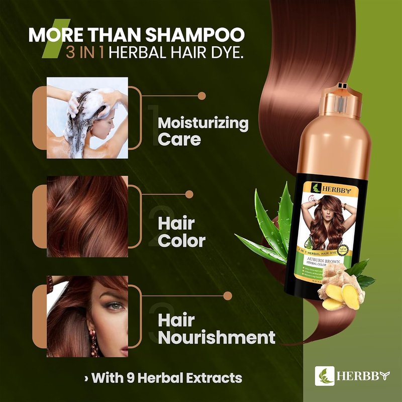 HERBBY Hair Color Shampoo - Gray Hair Coverage & Color Transformation with 9 Herbal Extracts | Auburn Brown, 500ml