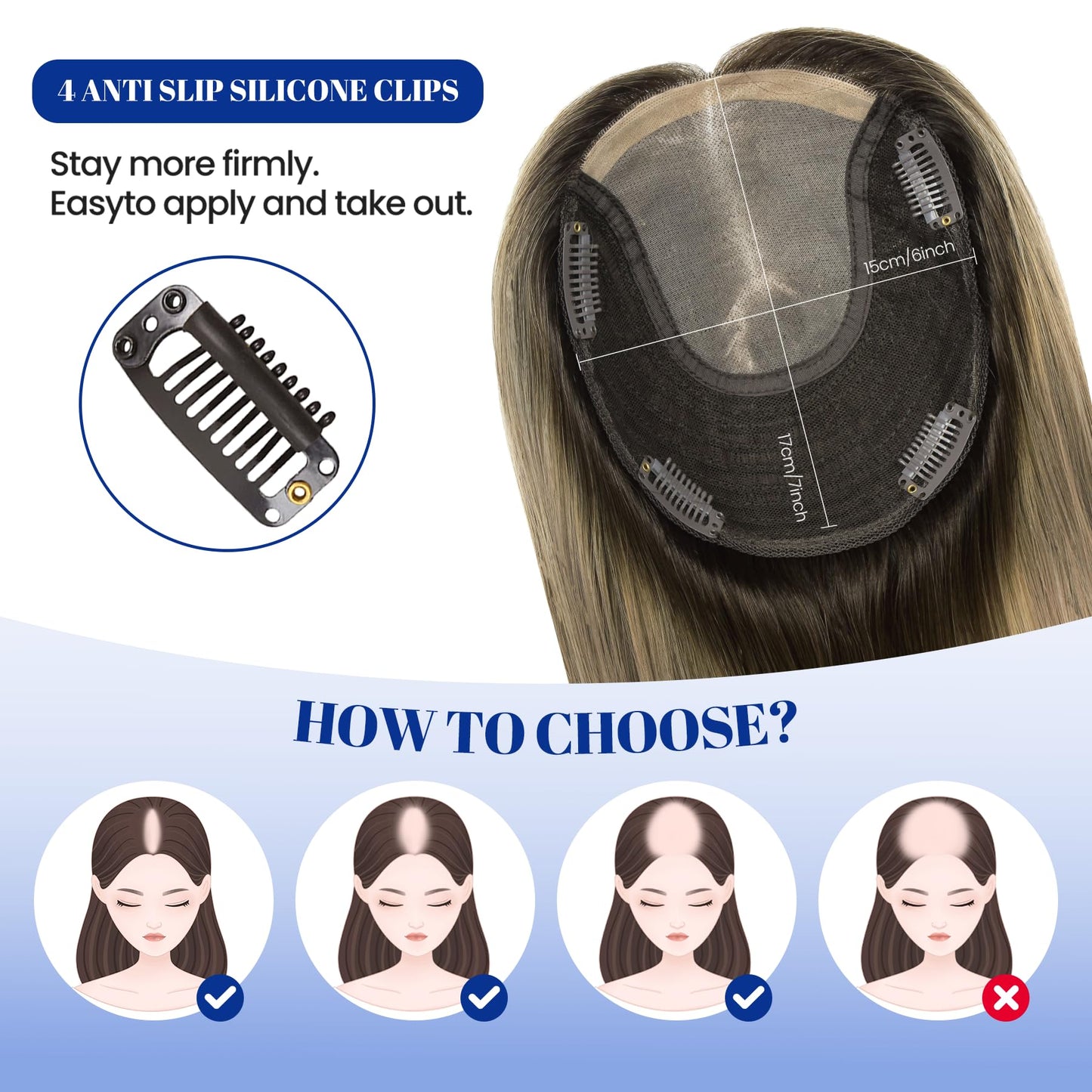 WORLDSTAR Toppers for Women Real Human Hair, Hair Topper with No Bangs, 360° 3D Cover,14Inch,6 * 7 Inch Base,65g,#2/6/18 Dark Brown to Chestnut Brown and Dirty Blonde, Clip in Topper (tp#2/6/18-14)