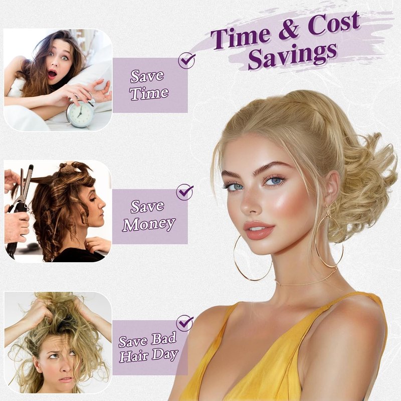 Short Blonde Wavy Drawstring Ponytail - 10 Inch Synthetic Clip-In Hair Extensions | Light Ash Blonde with Highlights