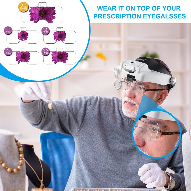 Dilzekui Headband Magnifying Glass with Light, Rechargeable Head Magnifying Glasses 1X to 14X, Magnifier Headset with 6 Detachable Lens, Hands Free Head Mount Magnifier for Close Work Jewelry Crafts