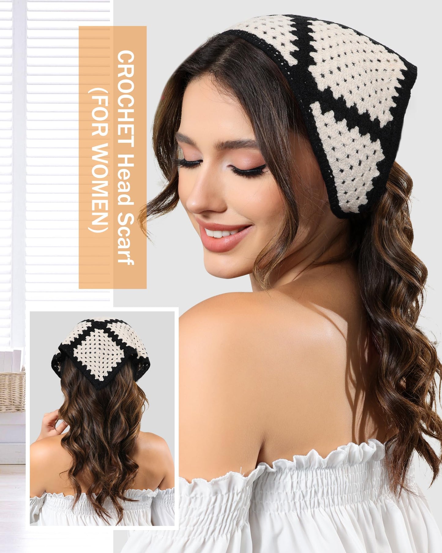 AWAYTR Crochet Head Scarf Hair Bandanas for Women Knit Bandana Headband Scarf Tie-Back Head Coverings Floral Headscarf for Girls (Black)