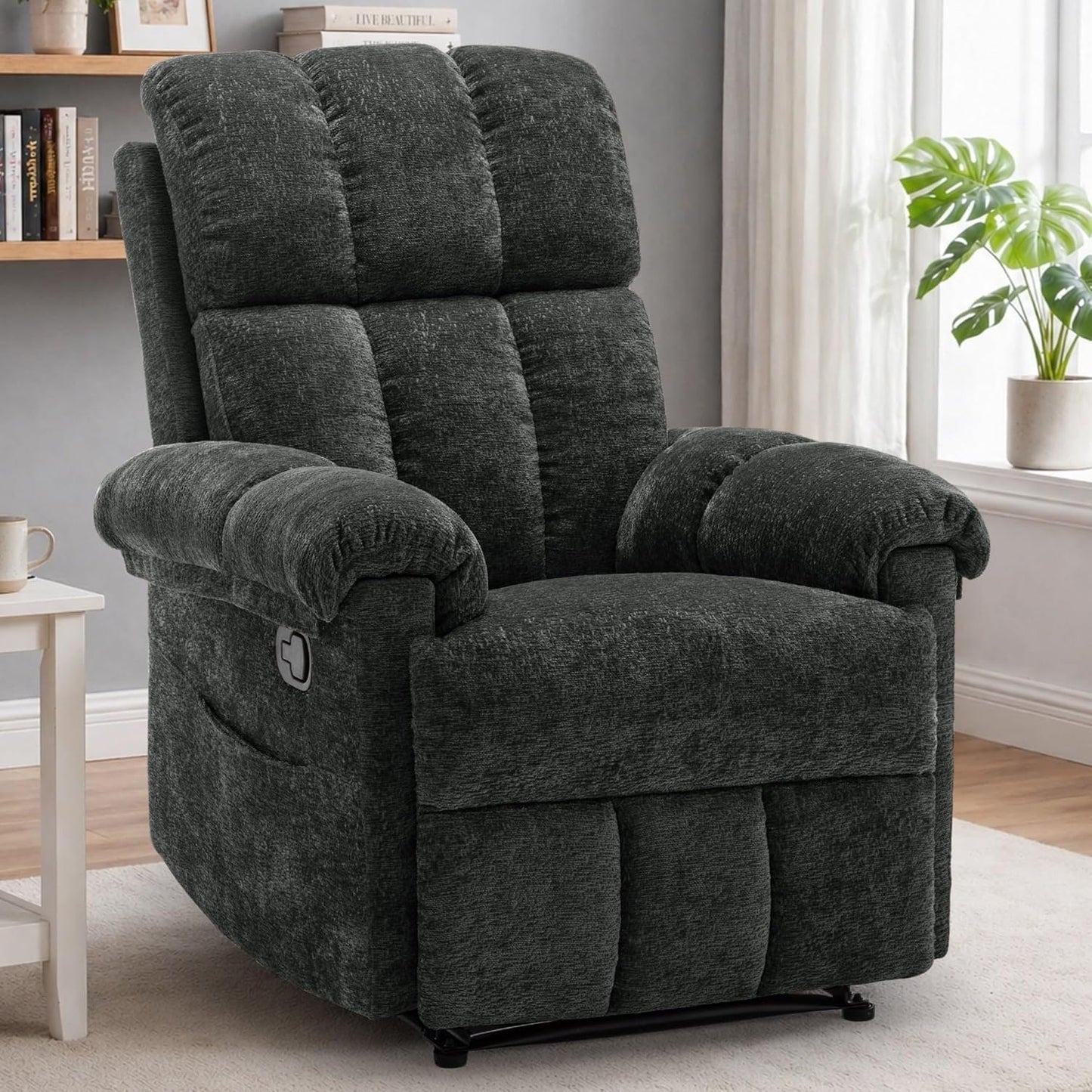 Recliner Chair - Upholstered Manual Recliner for Small Spaces | Modern Chenille Design in Beige with Side Pockets