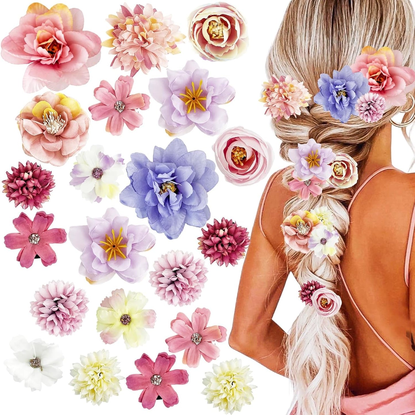 Flower Hair Clips - 21 Pcs Boho Floral Barrettes for Women | Pink & Purple Bridal Accessories