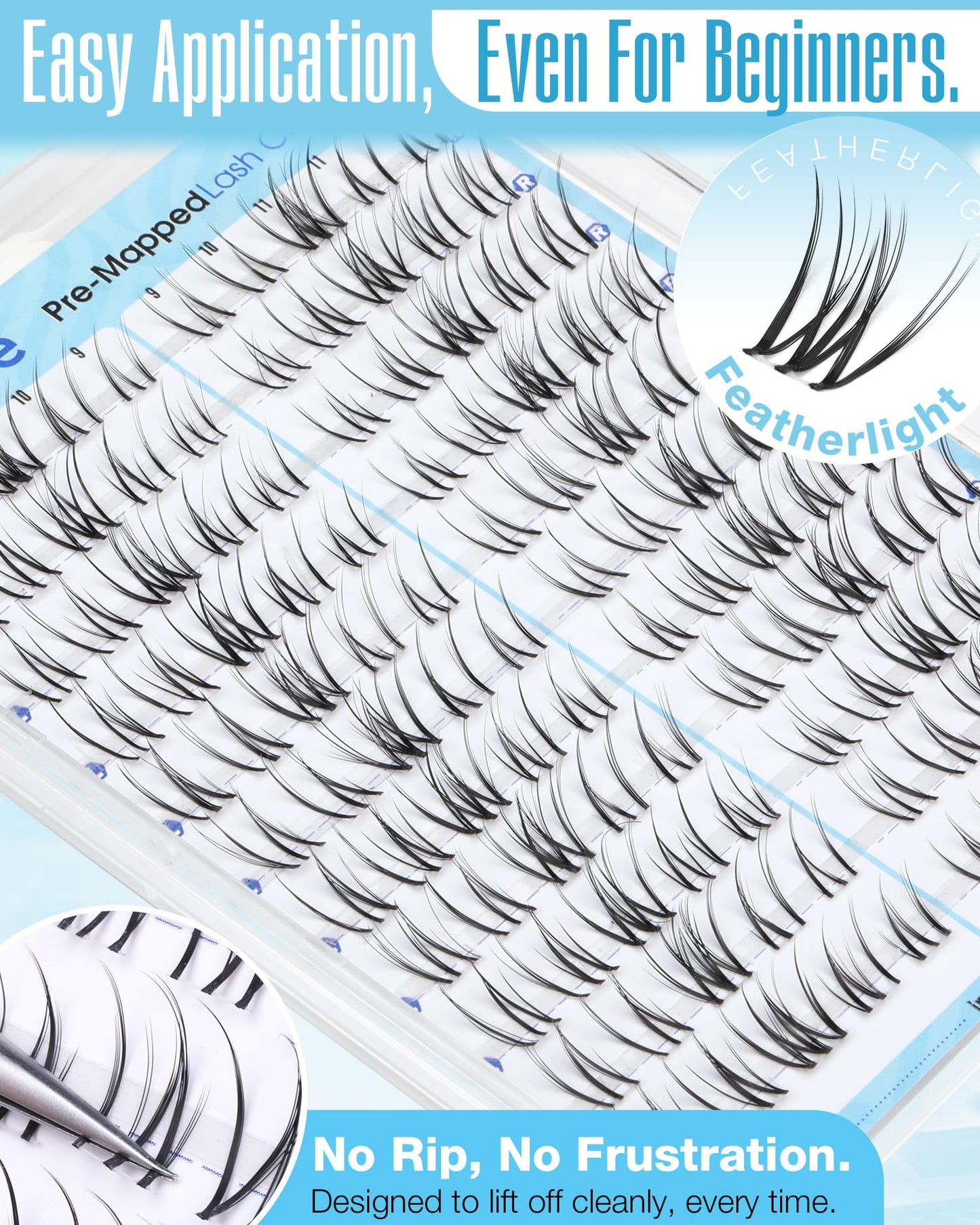 Wet Lash Clusters 9-10-11MM Wispy Cluster Eyelash Extensions Realistic Look Cluster Lashes with CC Curl & Clear Band & Spikes Effect, for Sleek, Glossy and Mascara-Like Finish