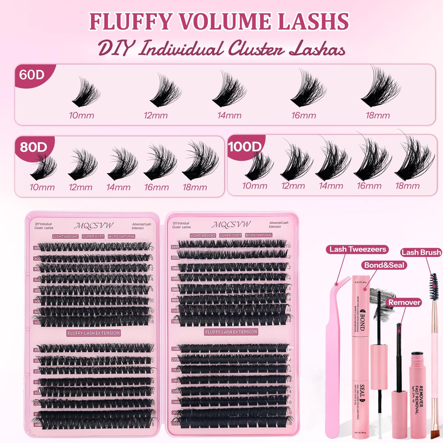 Lash Clusters Kit Fluff 60D+80D+100D+200D Individual Lashes 10-18mm D Curly Cluster Wispy Eyelash Extensions Thick False Eyelashes, with Tweezers Bond Seal Brush Remover Diy