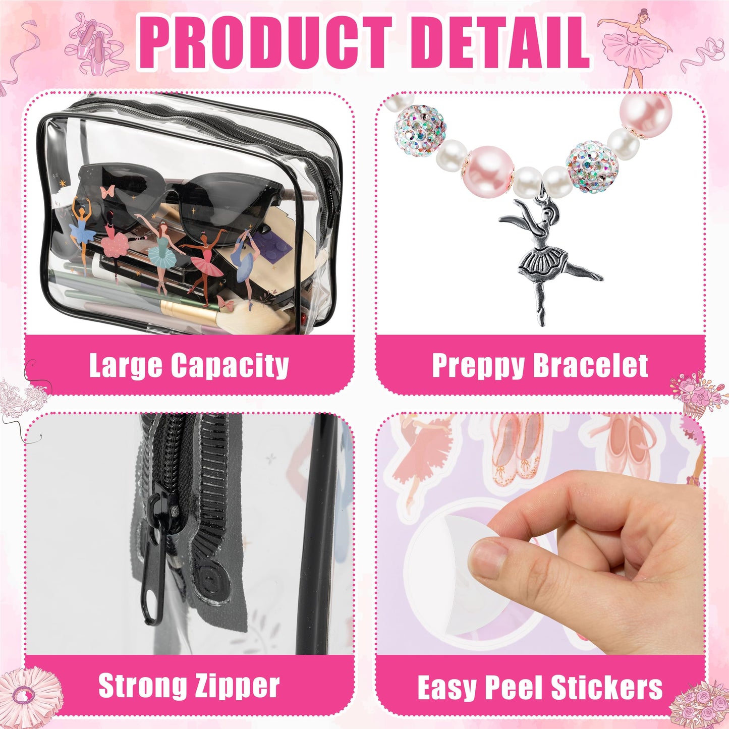 Y1tvei Cute Ballerina Girl PVC Makeup Bag - 64Pcs Ballet Dancing Girl Cosmetic Pouch Recital Gifts, Clear Makeup Bag with Dance Stickers Sparkly Necklace Bracelet Card for Ballet Dancer Birthday Party