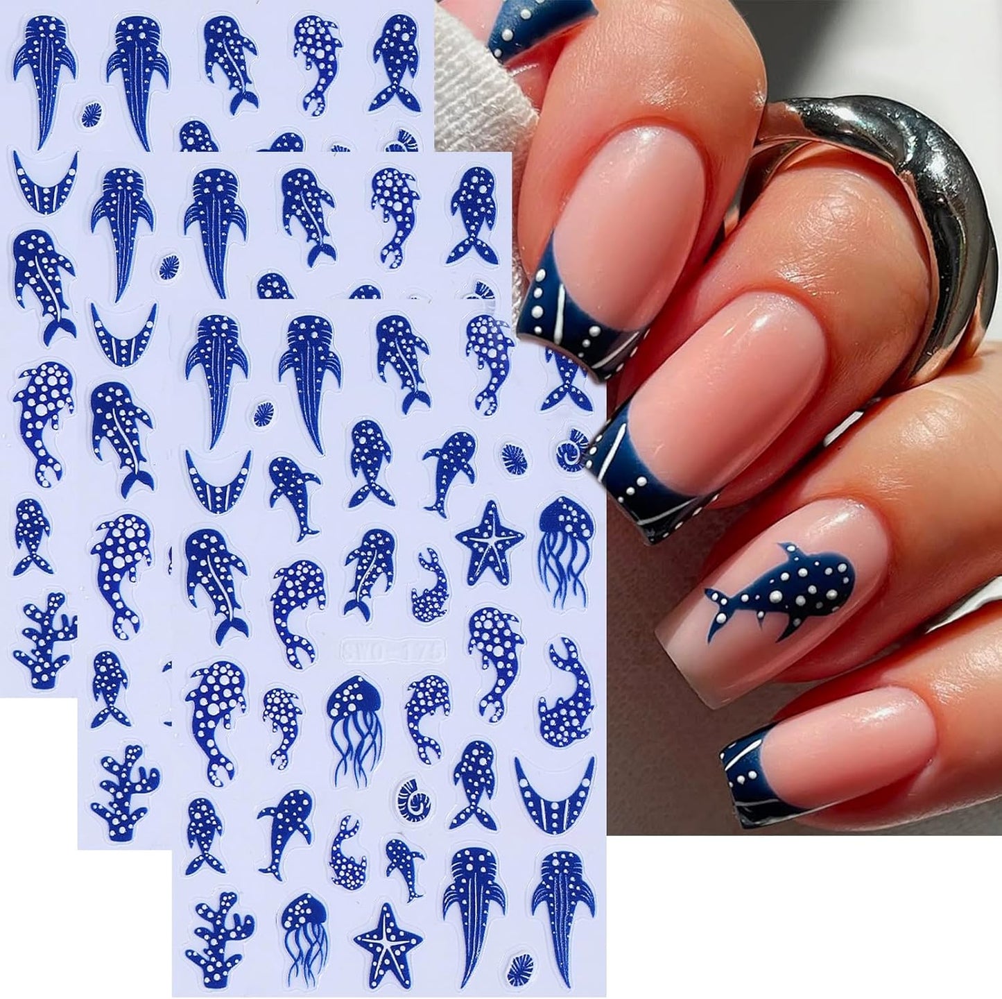 5D Embossed Ocean Nail Stickers - Pink Blue White Shell & Starfish Design | Summer Beach Nail Art Decals for Manicure
