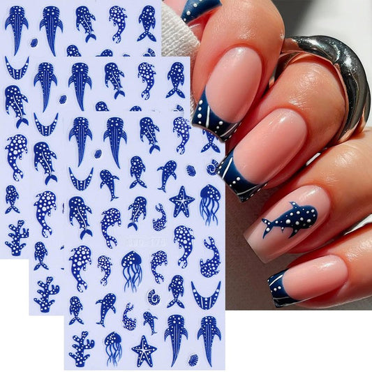 Summer Ocean Nail Stickers 3PCS Blue Polka Dot Whale Shark Nail Art Stickers Starfish Jellyfish Design Self-Adhesive French Manicure Decals Nail Supplies for Women DIY Nail Decorations