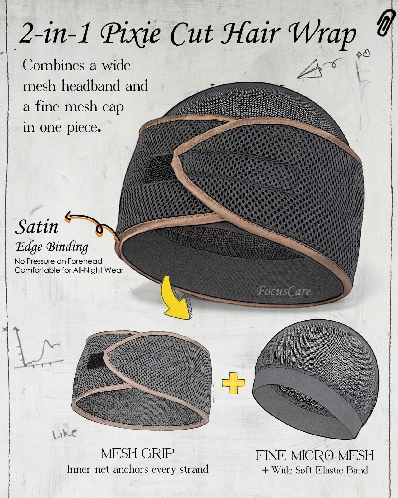 FocusCare 2-in-1 Anti-Slip Hair Wrap for Sleep – Mesh Durag Cap for Pixie Cut Short Hair, Adjustable Hook and Loop Fastener Closure