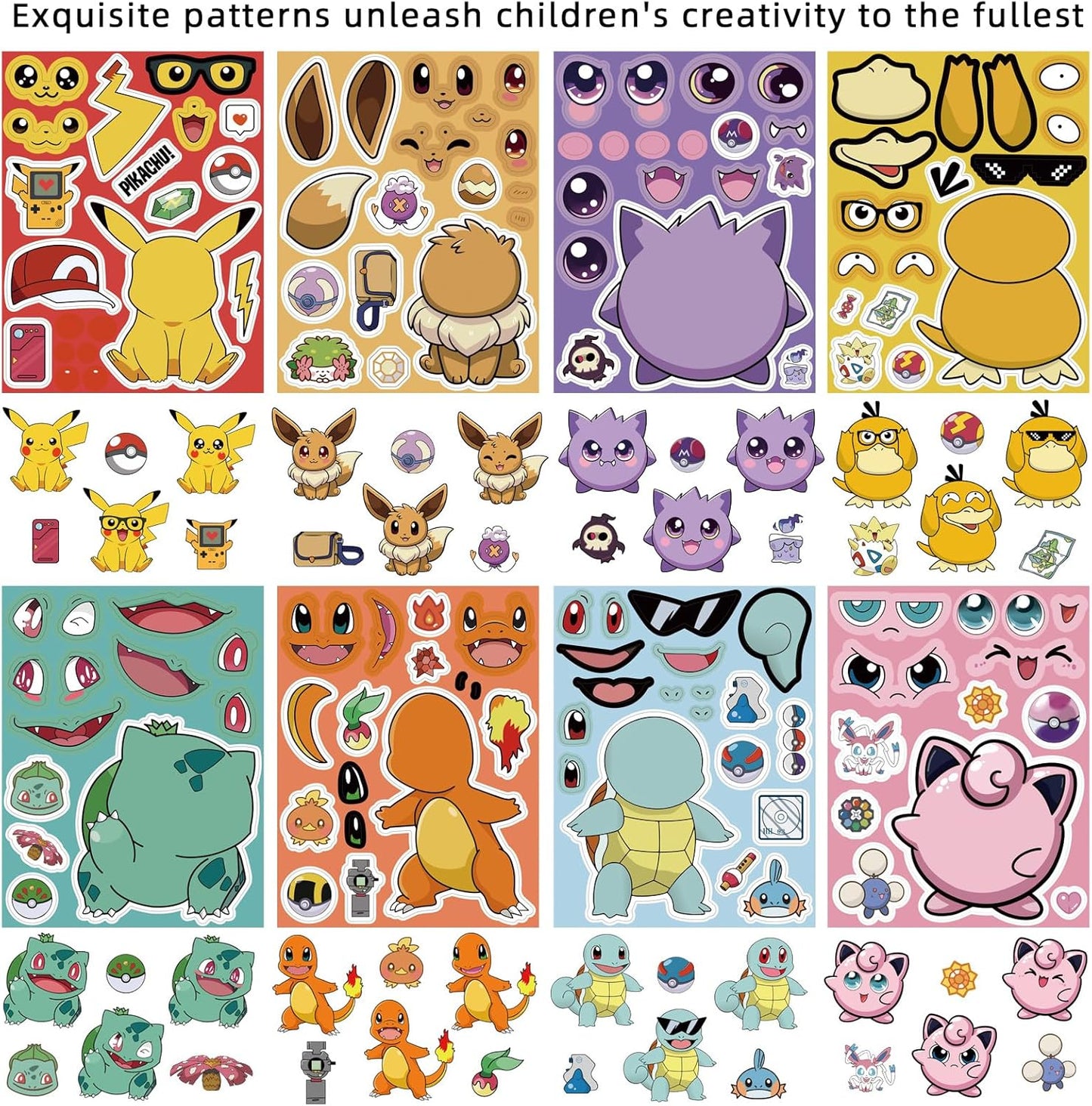 Pokémon Stickers - Cute Cartoon Monster Characters for DIY Projects | Kawaii Make-a-Face Party Favors (24 Sheets)
