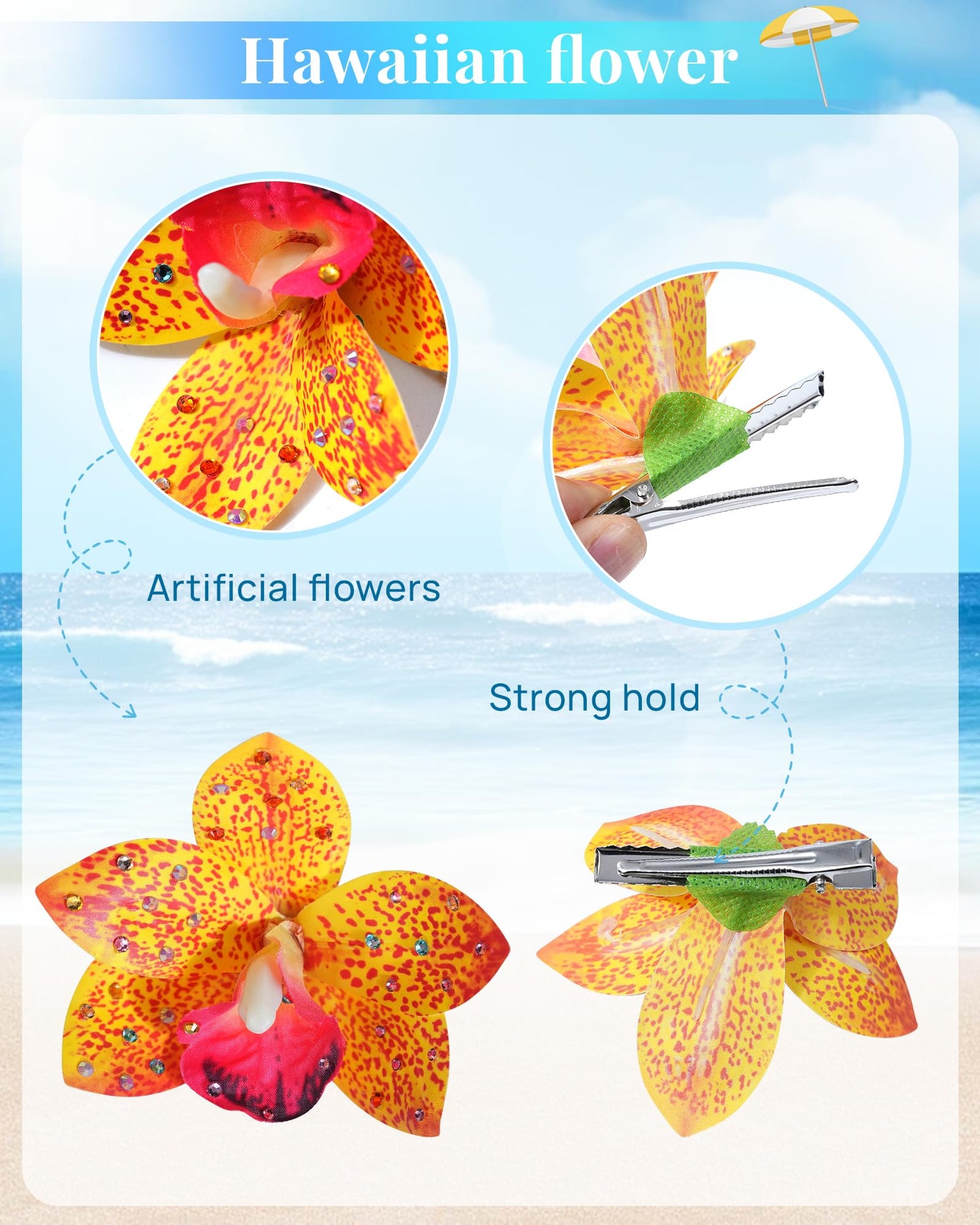 Mesovor 3 Pack Hawaiian Flower Hair Clips, Artificial Tropical Flower Orchid Hair Pin | Rhinestone Hairpins Hair Accessories for Wedding Bridal Beach Party (Orange Orchid)