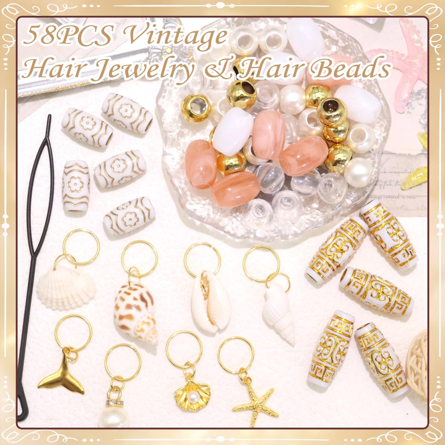 NAISKA 58PCS Gold Pink Hair Beads for Braids 15 Styles Women Hair Jewelry