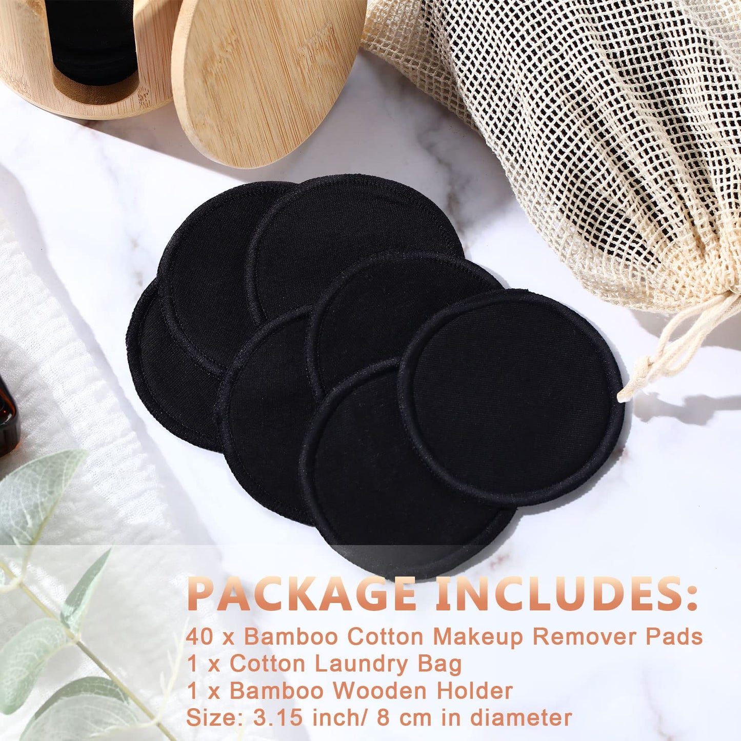 Foaincore 40 Pcs Reusable Makeup Remover Pads with Mesh Storage Bag and Bamboo Box Washable Bamboo Cotton Rounds Soft Reusable Face Pad for Toner Skin Various Skin Care Products(Black)