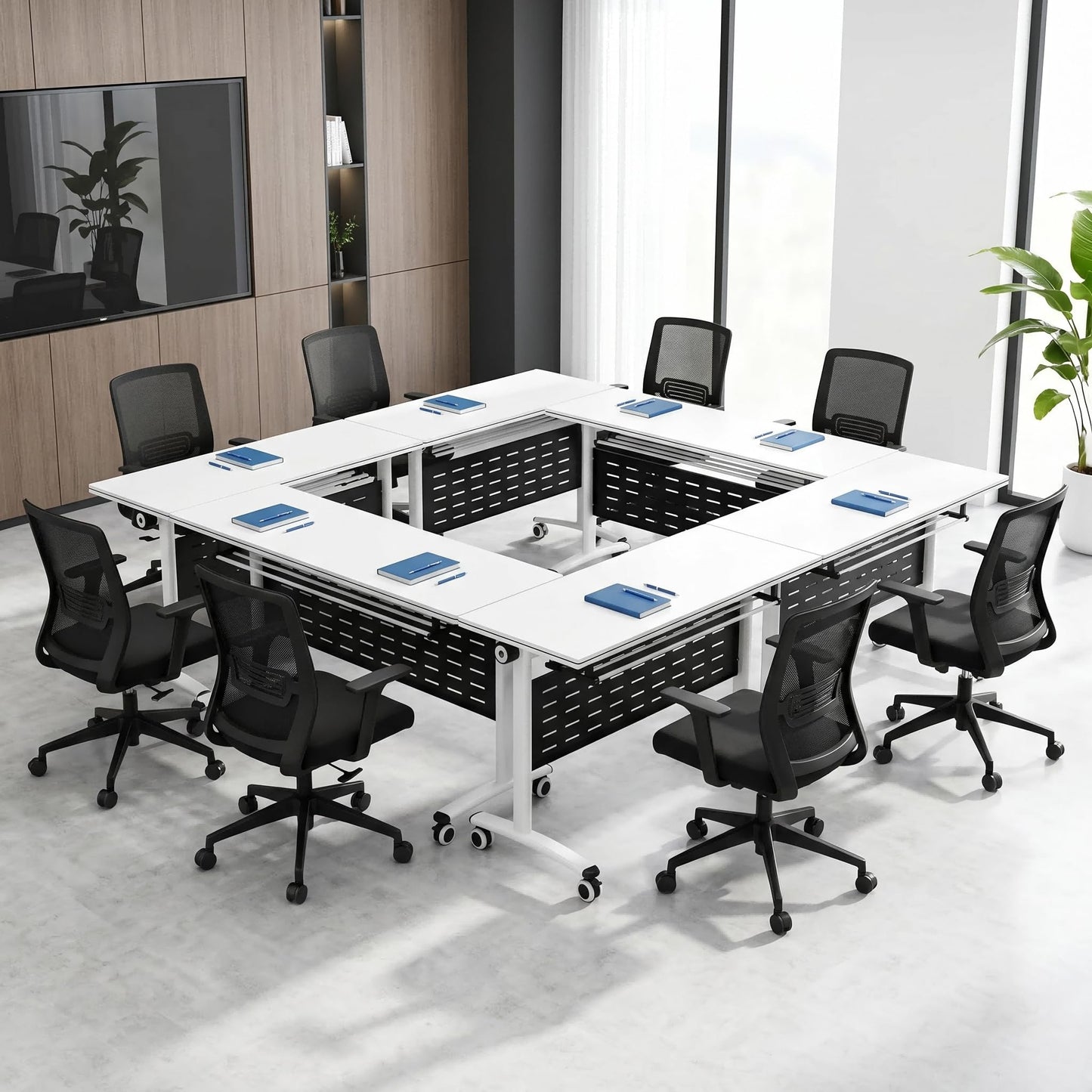 Jyrvonxex Foldable Conference Room Table,Modern Large Mobile Meeting Table with Storage Shelf,Modular Flip-Top Seminar Tables Desk with 360° Silent Wheels for Home Office and Training Classroom,White,