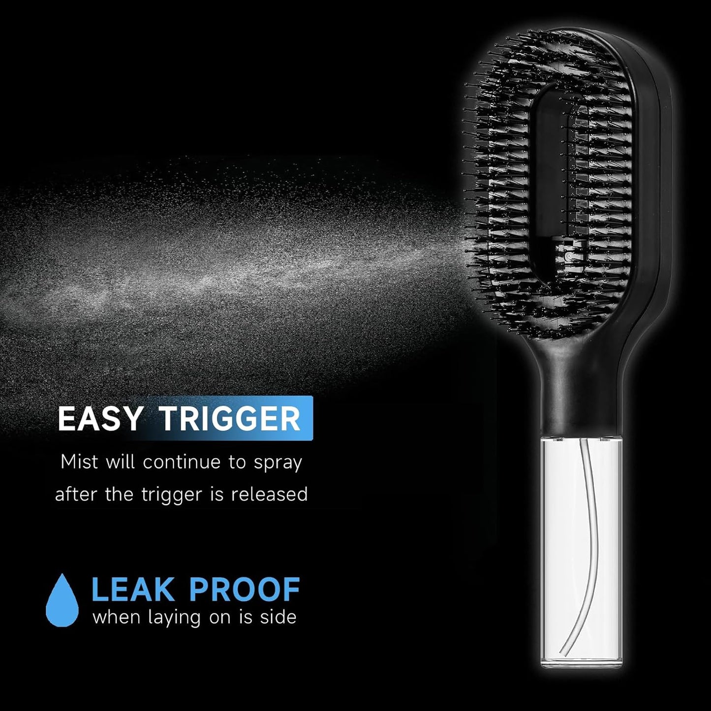 Non-Electric 2-in-1 Detangler Hair Brush with Mister Spray - Wet & Dry for Curly, Wavy & Straight Hair | 50ml Reservoir (Black)