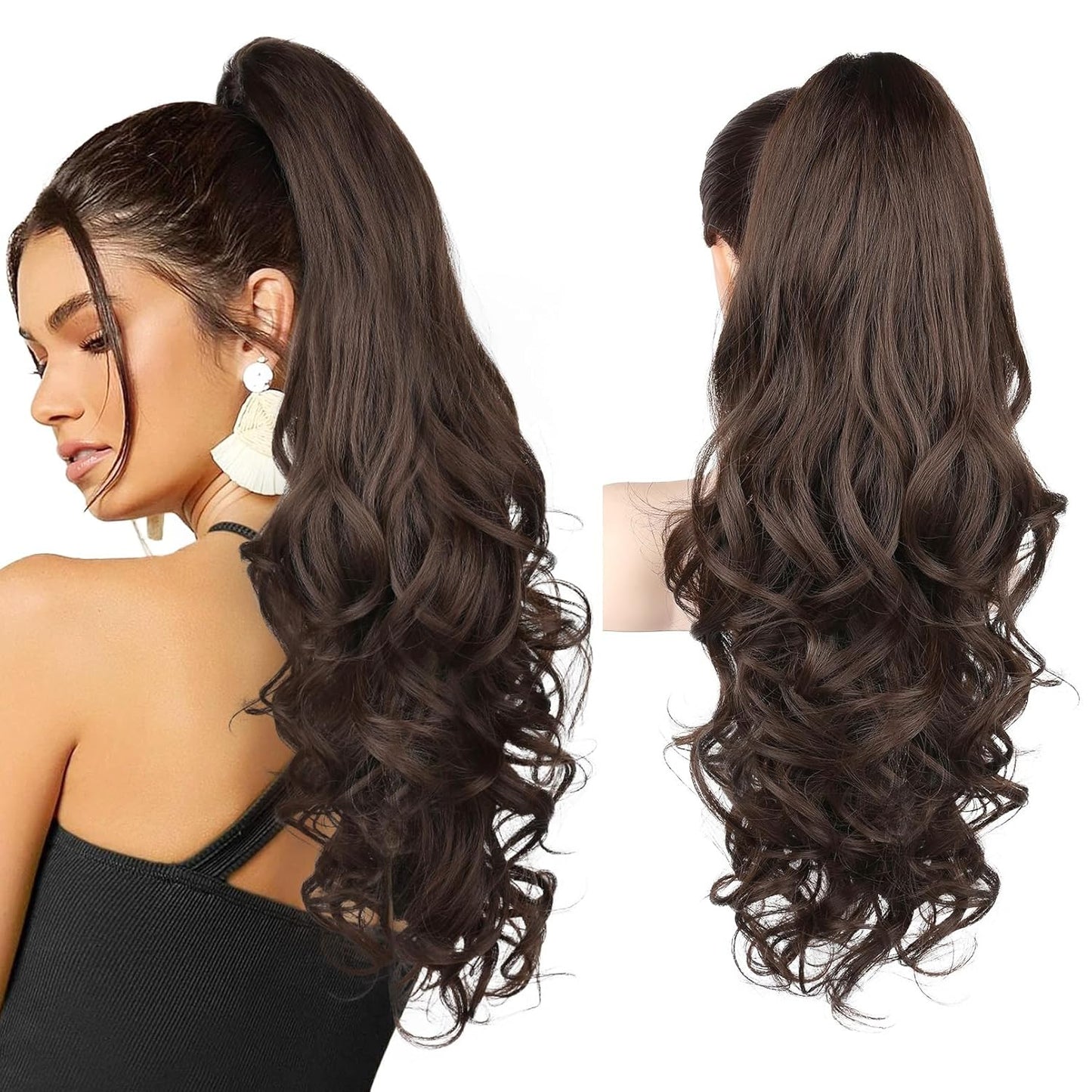 Ponytail Extension - 24" Claw Clip In Long Curly Wavy Hairpiece | Medium Blonde with Highlights