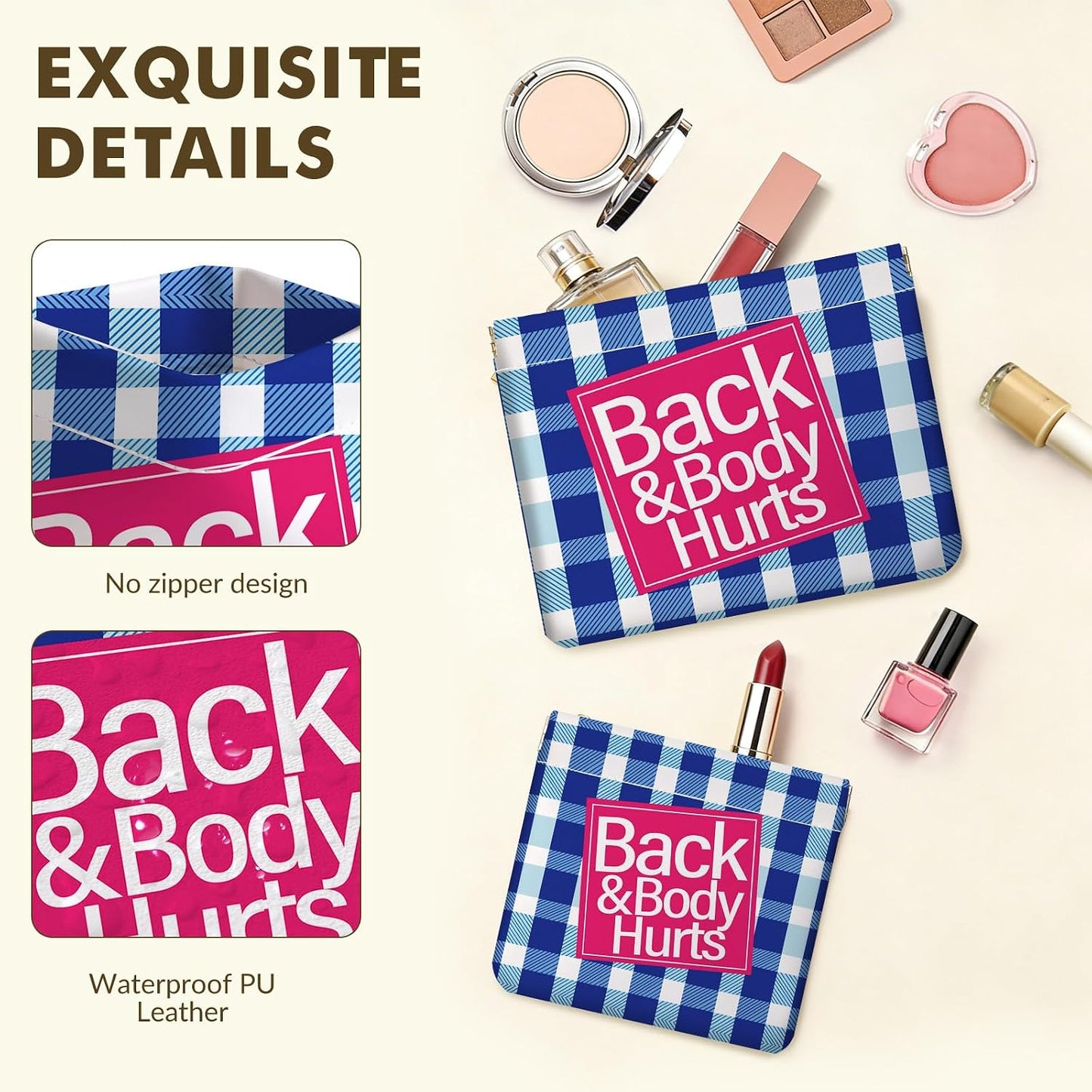 Makeup Bag Set - 2 PCS PU Leather Cosmetic Organizer | Portable Self-Closing Pouch for Women - Blue Checkered Pattern