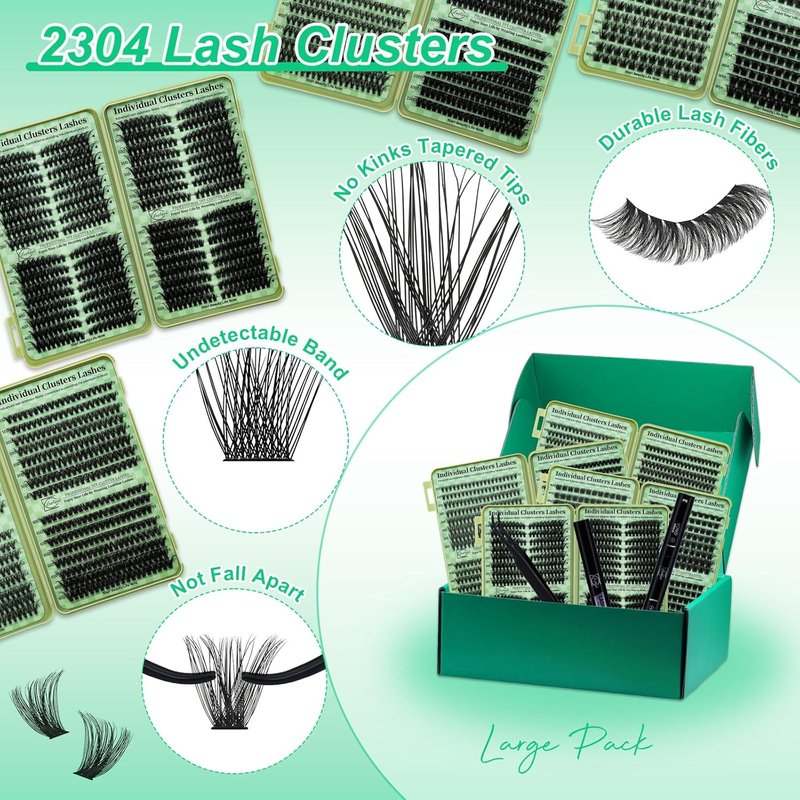 Lash Clusters Kit - Wispy Cat Eye Eyelash Extensions | 2304PCS DIY Set with Bond, Seal, Remover & Tweezers
