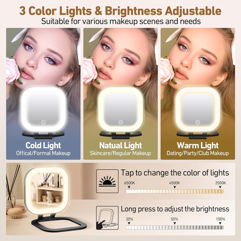 Travel Mirror with Light - 1x/30x Magnifying Compact Mirror with 3 Color Lights | 4.5x3.9 Inch, Adjustable Brightness, Includes Tweezer