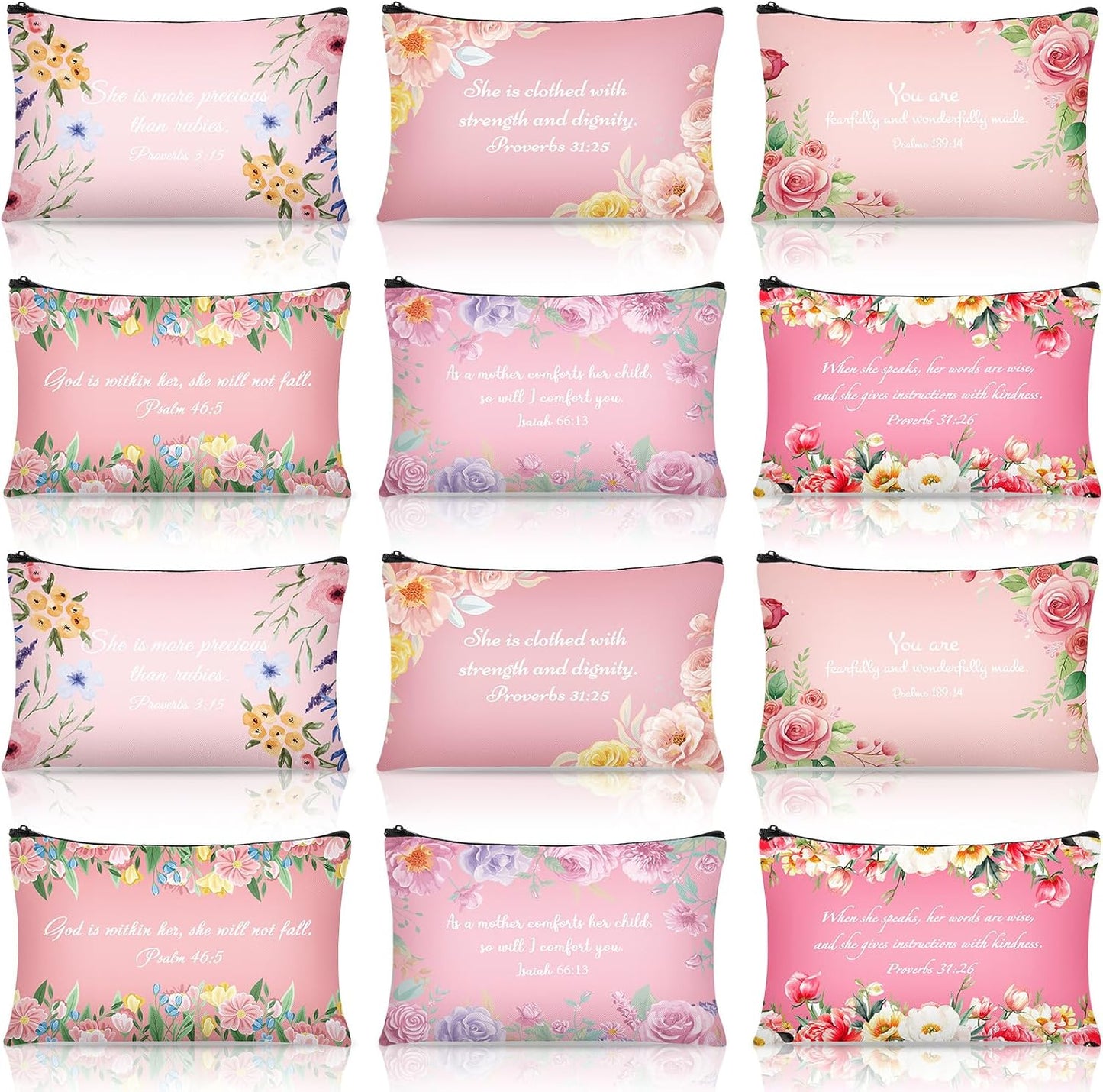 Bible Verse Makeup Bags - 12 Pcs Pink Canvas Cosmetic Pouches | 9 x 6 Inches Travel Toiletry Set for Women & Moms