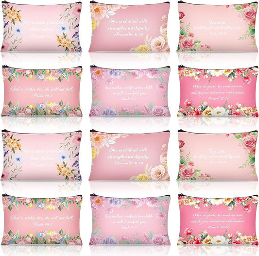 Bible Verse Makeup Bags - 12 Pcs Pink Canvas Cosmetic Pouches | 9 x 6 Inches Travel Toiletry Set for Women & Moms