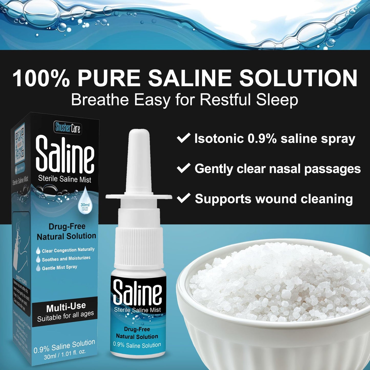 Saline Spray for Nose - Nasal Spray Saline Solution for Newborn, Baby & Adults, Salt Water Decongestant Mist for Stuffy Nose, Travel Friendly, Natural, 0.9% Saline - 30 ml (Pack of 3)