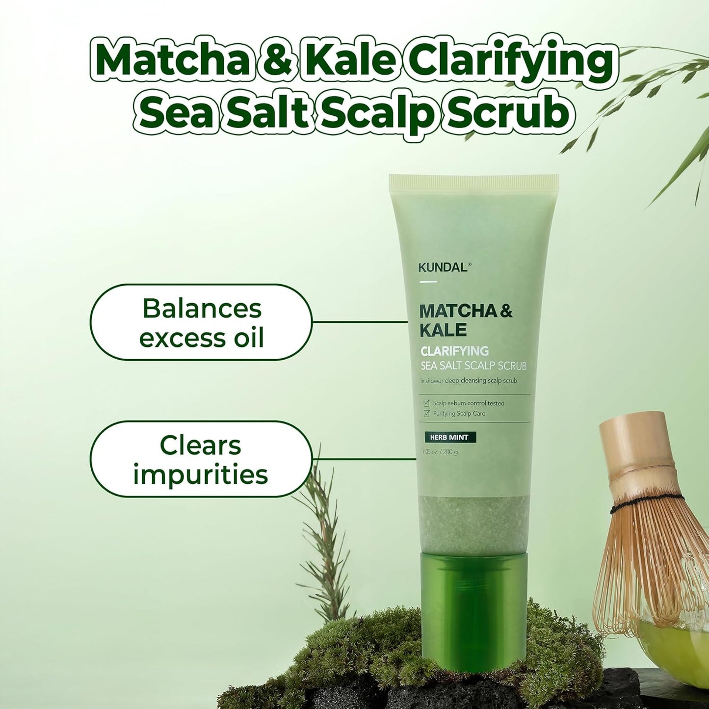 KUNDAL Matcha & Kale Scalp Scrub - Purifying Sea Salt Exfoliant | Herb Mint, 7.05 Oz - Balances Oil & Removes Impurities