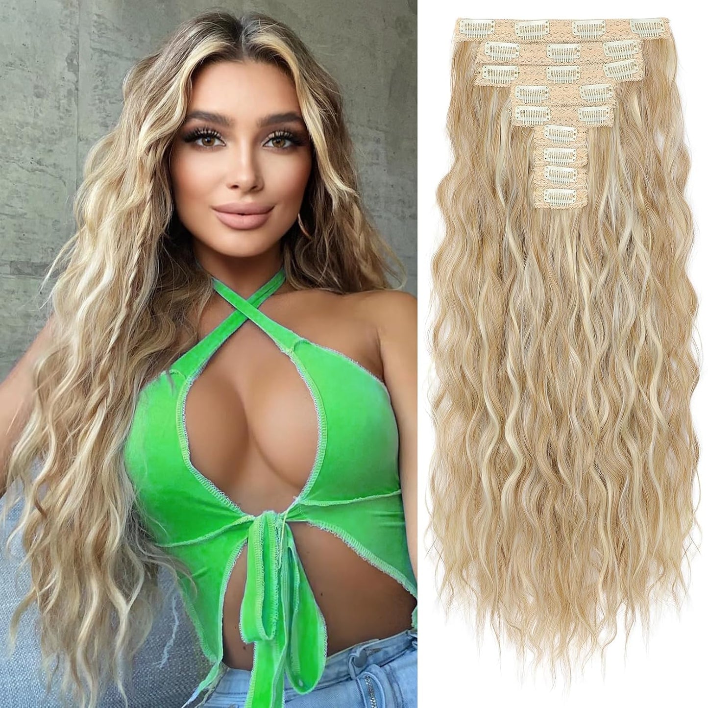 Blonde Clip-In Hair Extensions - 24" Thick Loose Waves | Natural Soft Hairpieces for Women - Platinum Blonde