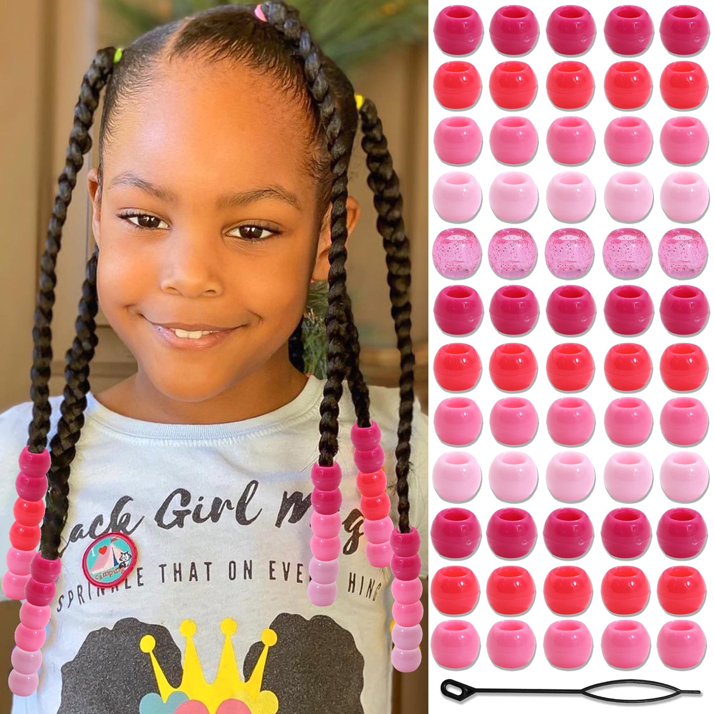 NAISKA 60PCS Pink Hair Beads Large Hole Bead for Hair 5 Colors Acrylic Round Dreadlock Beads Gradient Pink Braids Accessories for Kids Girls