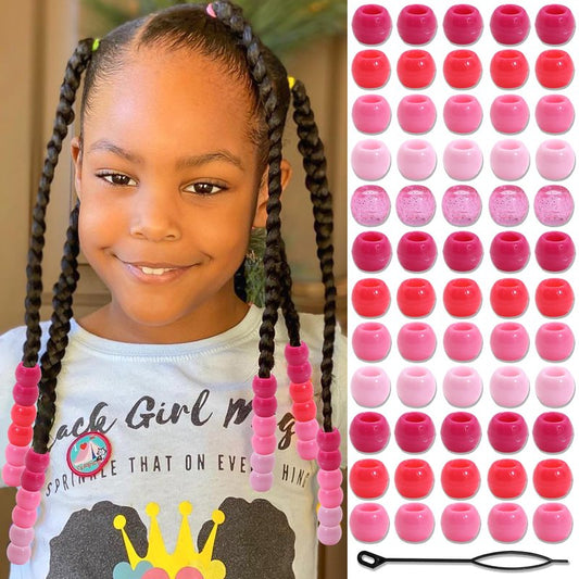 NAISKA 60PCS Pink Hair Beads Large Hole Bead for Hair 5 Colors Acrylic Round Dreadlock Beads Gradient Pink Braids Accessories for Kids Girls