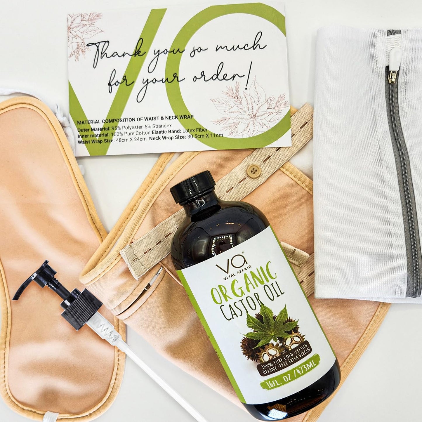 Castor Oil Pack Wrap Kit – USDA Organic, 16 oz Cold-Pressed Hexane-Free Castor Oil in Glass Bottle | Adjustable Cotton Flannel Waist & Neck Wraps | Liver, Abdominal & Detox Therapy