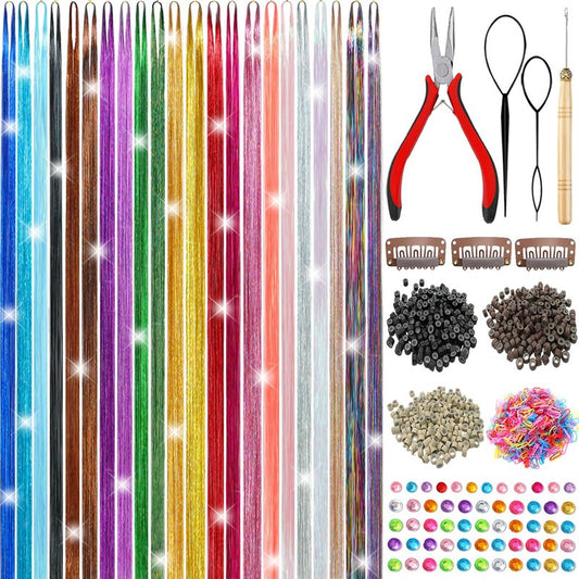 Nielp Hair Tinsel Kit, 22 Colors 8200 Strands Glitter Tinsel Hair Extensions for Party Festival July Fourth Halloween, 48 Inch Heat Resistant Colorful Fairy Hair Accessories for Girls Women